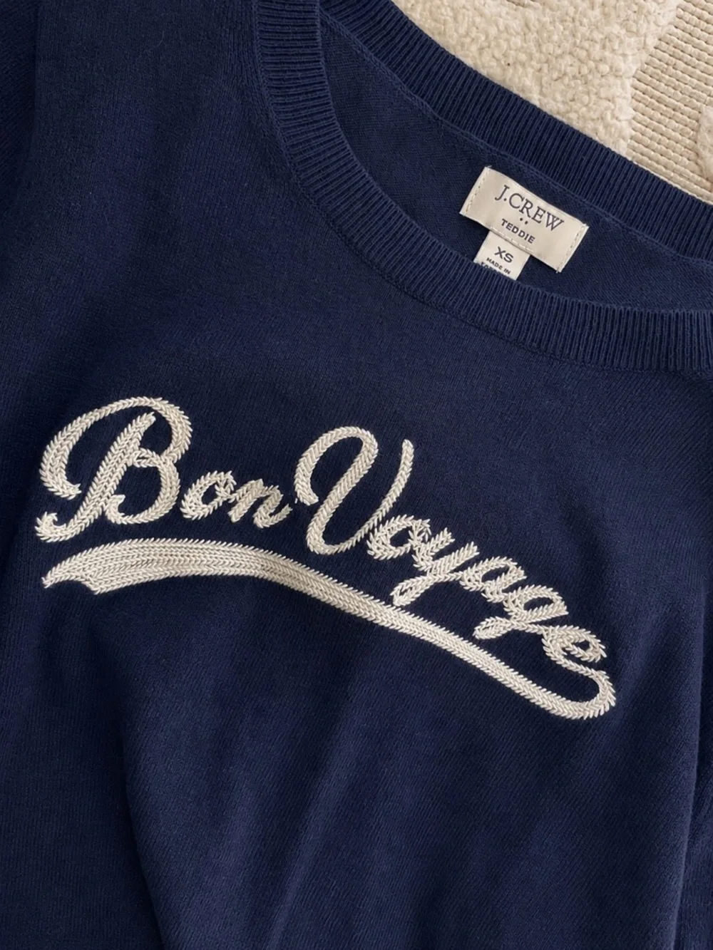 J.Crew Bon Voyage Sweater XS Navy 100% Cotton Embroidered Graphic Crewneck - Picture 3 of 6